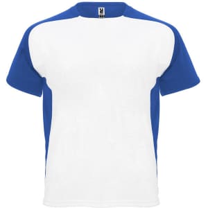 A blue and white T-shirt featuring a logo on the front. The shirt has a round neckline and short sleeves.