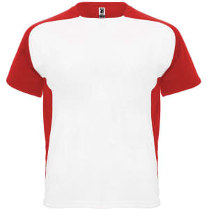 A red and white T-shirt with contrasting sleeves and a logo. Suitable for casual wear.