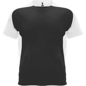 A black and white T-shirt featuring a contrasting colour design and a logo on the upper back.