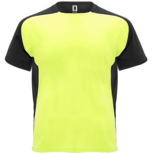 A T-shirt featuring bright yellow and black panels, with a logo displayed on the front.
