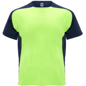 A brightly coloured lime green and navy blue T-shirt featuring a logo. Short-sleeved design.