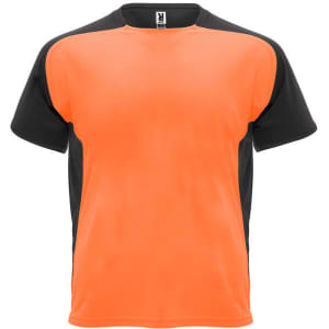 An orange and black T-shirt featuring short sleeves and a logo. Suitable for casual wear and sports activities.