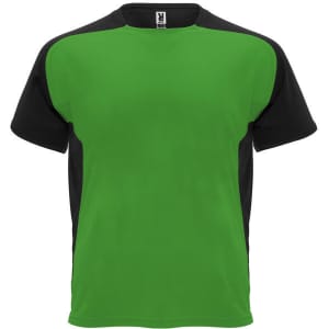 A green and black T-shirt featuring short sleeves and a simple design, with a logo on the tag.