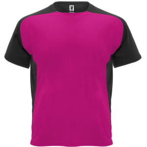A pink and black T-shirt featuring a contrasting colour design and a branding logo.