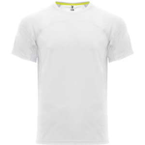 A white t-shirt featuring a subtle branding logo and contrasting detail near the neckline.