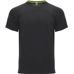 A black t-shirt with short sleeves and a mesh panel, featuring a logo on the label.