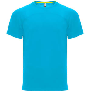 A bright turquoise t-shirt features short sleeves and a crew neckline. The shirt has a logo on the label.
