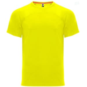 A bright yellow t-shirt with a standard crew neck and short sleeves. Features a logo on the label.