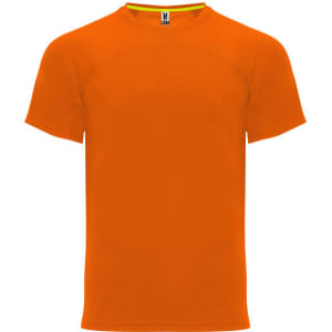 An orange T-shirt with a crew neck and short sleeves, featuring a logo on the label.
