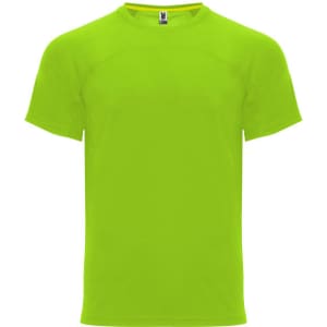 A bright green t-shirt featuring a round neckline and short sleeves. Includes a logo on the label.