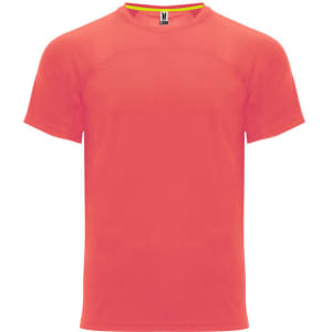 A bright orange T-shirt featuring short sleeves and a crew neck design, with a logo on the label inside.