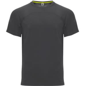 A dark grey t-shirt featuring short sleeves and a subtle logo. Suitable for casual wear or sports activities.