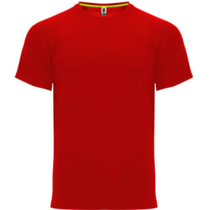 A red T-shirt featuring short sleeves and a rounded neckline, with a logo at the neck.