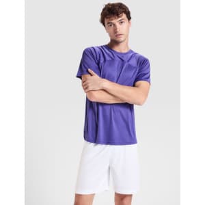 A purple T-shirt with short sleeves, paired with white shorts, featuring a logo.