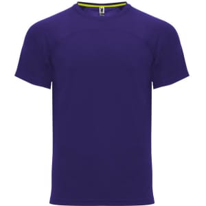 A purple Monaco T-shirt featuring short sleeves and a crew neckline, with a logo on the tag.
