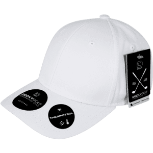 A white cap with adjustable features, featuring a logo and tags attached.
