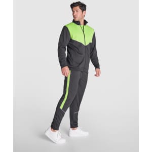 A lightweight track jacket in black and neon green, featuring a zip front and matching track pants.