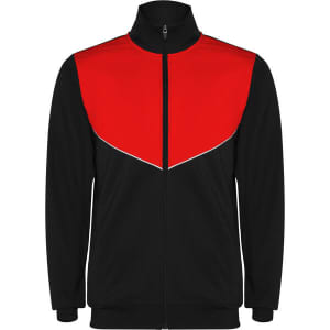 A lightweight track jacket in black with a red upper section and a zip front. It features a logo on the chest area.