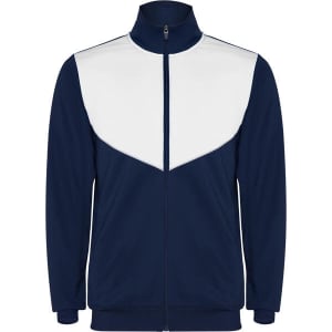 A navy blue track jacket featuring a white panel design and a zip-up front, with a collar and branded logo.