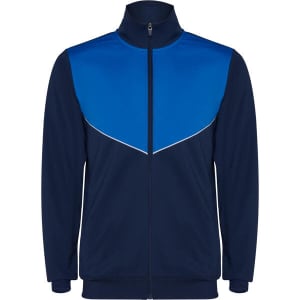 A navy and blue lightweight track jacket with a zip front and a logo on the chest.