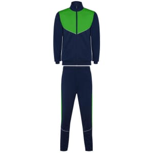 A lightweight tracksuit in navy blue and vibrant green with a zip-up jacket and matching pants, featuring a logo.