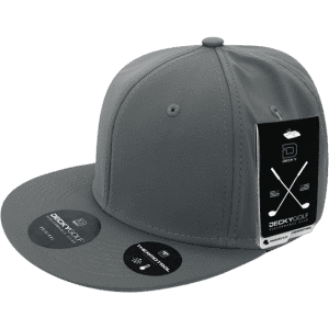 A grey snapback cap featuring a flat brim and a logo, with tags attached to the side.