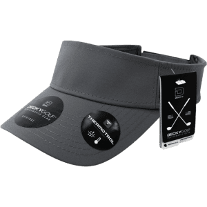 A grey sun visor with a branded logo and tags attached. The visor features a sleek design.