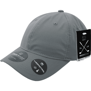 A grey cap with a branded tag, featuring a sleek design suitable for headwear.