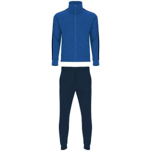 A blue tracksuit set featuring a zip-up jacket and matching pants, both with a branding logo.