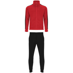 A red track jacket with black stripes alongside matching black track pants. Features a logo on the jacket.