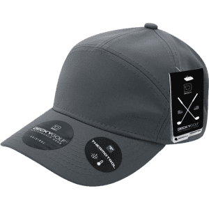 A grey cap with a curved peak, featuring a logo and promotional tags.