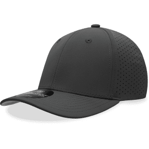 A six-panel mid-profile perforated cap in black with a logo on the side.
