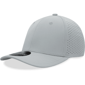 A grey six-panel mid-profile perforated cap with a curved brim and a logo on the front.