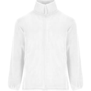 A white fleece jacket with a zip front and a high collar, featuring side pockets and a branded logo.