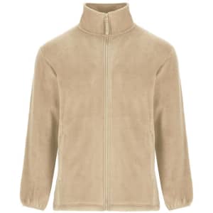 A beige fleece jacket with a high collar and zip closure, featuring long sleeves and side pockets.
