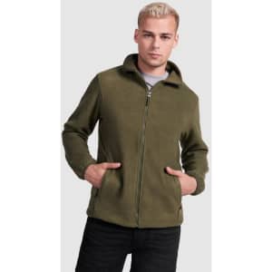 An olive green fleece jacket with a front zipper and two side pockets, worn by a model.
