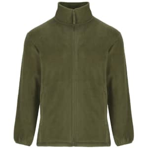 An olive green fleece jacket with a zip front and a high collar, featuring long sleeves and side pockets.