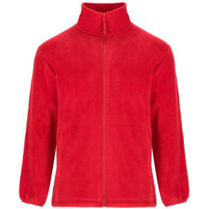 A red fleece jacket with a zip front and high collar, featuring long sleeves and a plain design.