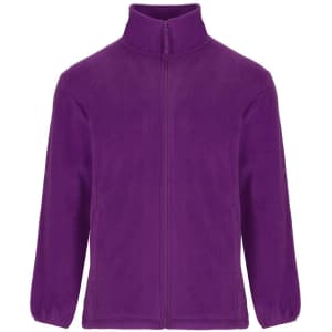 A purple fleece jacket with a high collar and front zip, featuring long sleeves and a simple design.