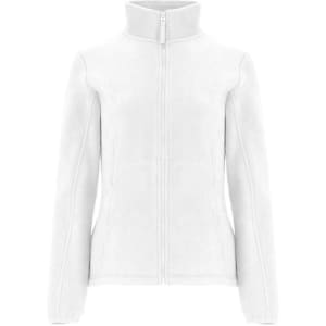 A white women's fleece jacket featuring a high collar and zip closure, designed as a polar fleece style.