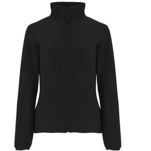 A black women's fleece jacket with a zip front and high collar, featuring a simple design and a logo.