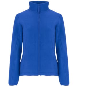 A women's fleece jacket in vibrant blue with a zip-up design and a high collar. It features branded details.