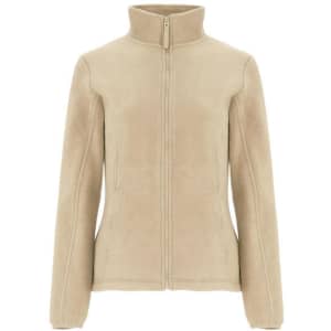A women's polar fleece jacket in beige with a high collar and front zipper, featuring a logo.
