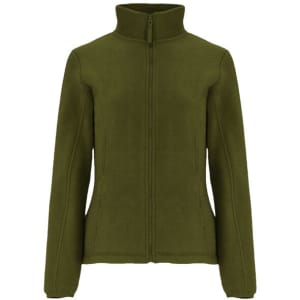 A women’s polar fleece jacket in dark olive green with a high collar and zip closure, featuring a logo.
