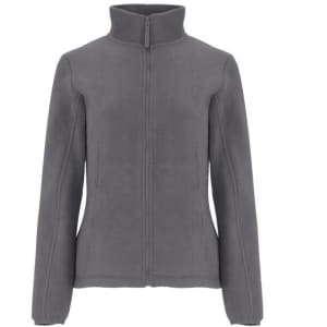 A grey women's fleece jacket with a zip front and high collar, featuring two side pockets and a logo.