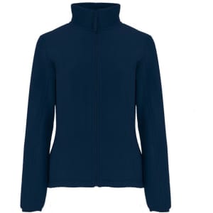 A navy blue women's fleece jacket with a high collar and front zip, featuring a logo on one side.