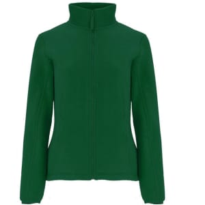 A green women's polar fleece jacket with a zip front and a collar, featuring a logo on the left side.