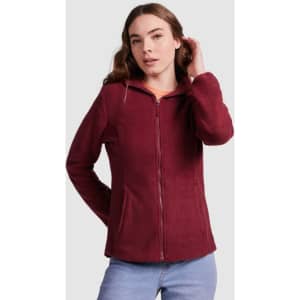 A deep burgundy women's fleece jacket with a front zip and side pockets, featuring a logo on the chest.