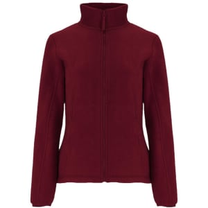 A burgundy women's fleece jacket with a full zip and a high collar, featuring side pockets and a logo.