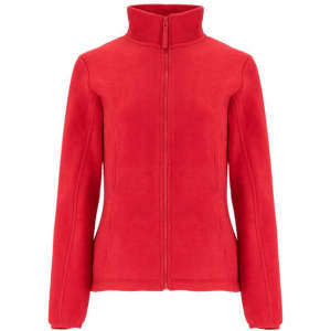 A red polar fleece jacket featuring a high collar and zip fastening, with a logo on the fabric.